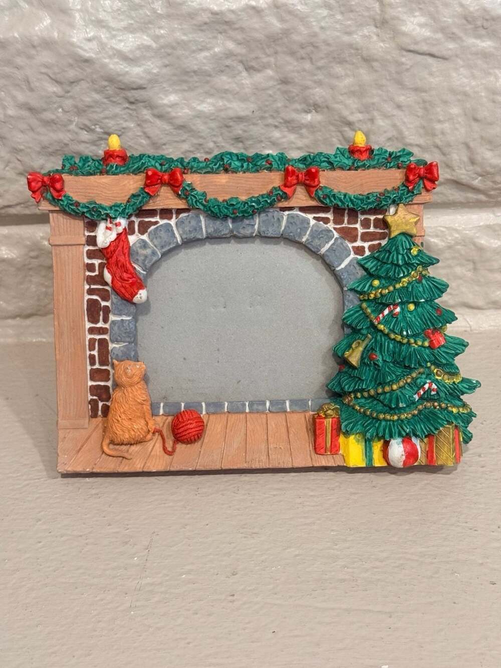 Christmas Fireplace Holiday Picture Frame with Cat and Tree